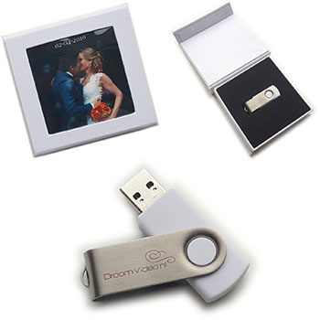 De trouwvideo komt op USB-stick met persoonlijke verpakking.